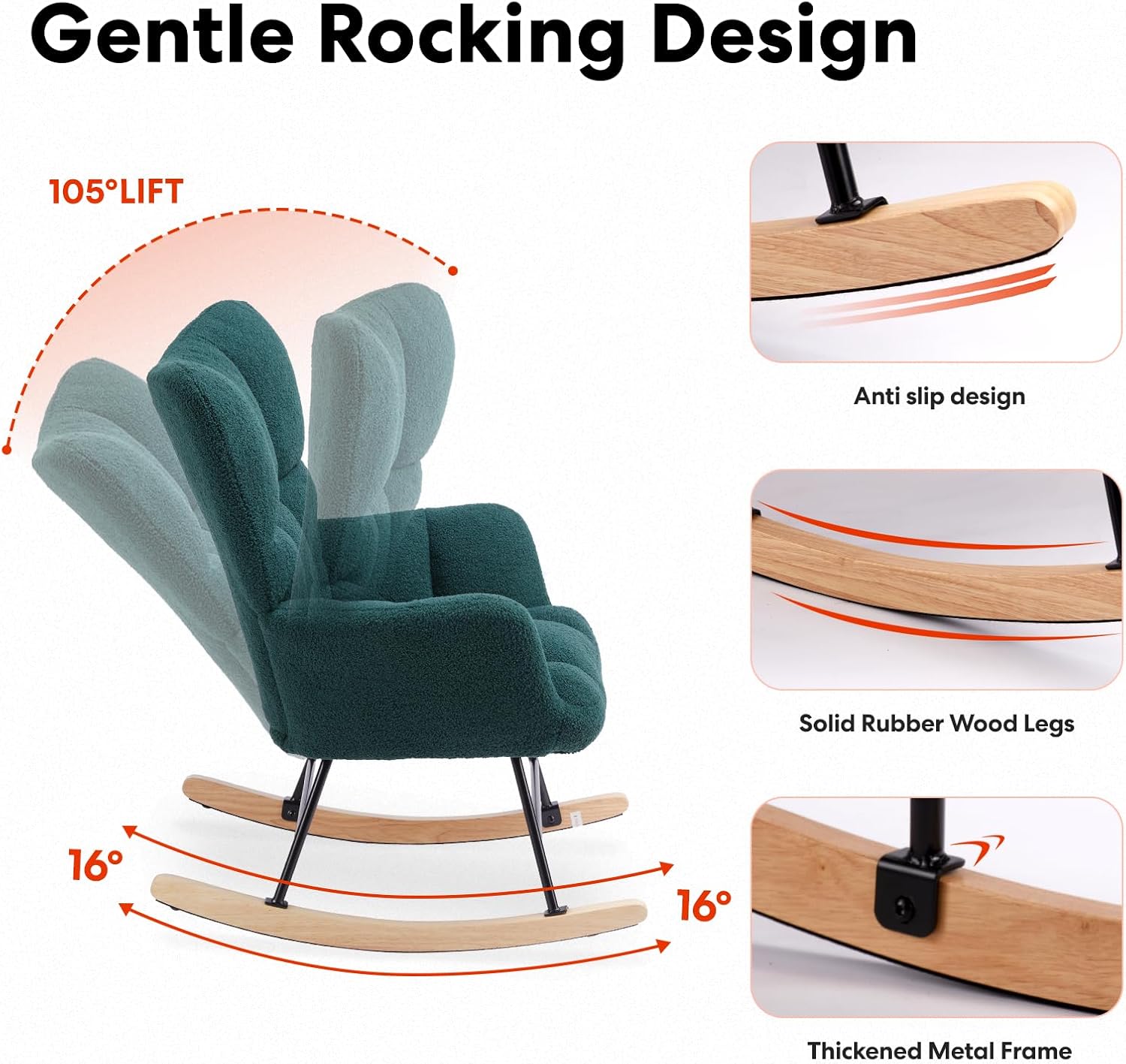 Simple Deluxe Nursery Rocking Chair, Teddy Upholstered Glider Rocker with High Backrest, Comfy Accent Armchair for Nursing & Reading, Standard Size, Green