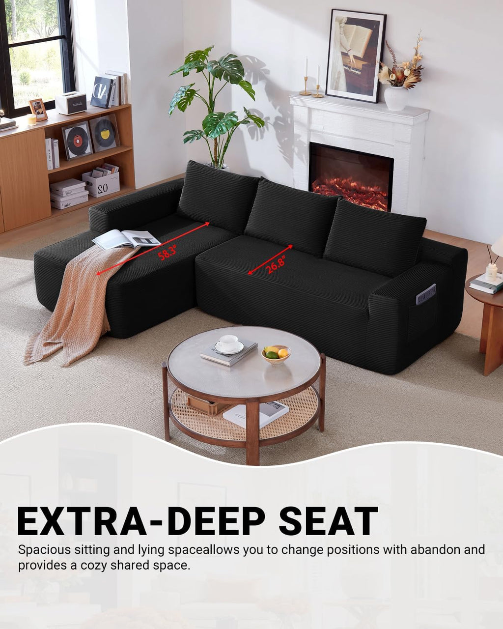 97' Cloud Sectional Couch,Modern Modular Sectional Sofa with Deep Seat,Corduroy Boneless Couches with L-Shape Chaise for Living Room Bedroom,No Assembly Required (Black, 97' Left Facing Chaise)