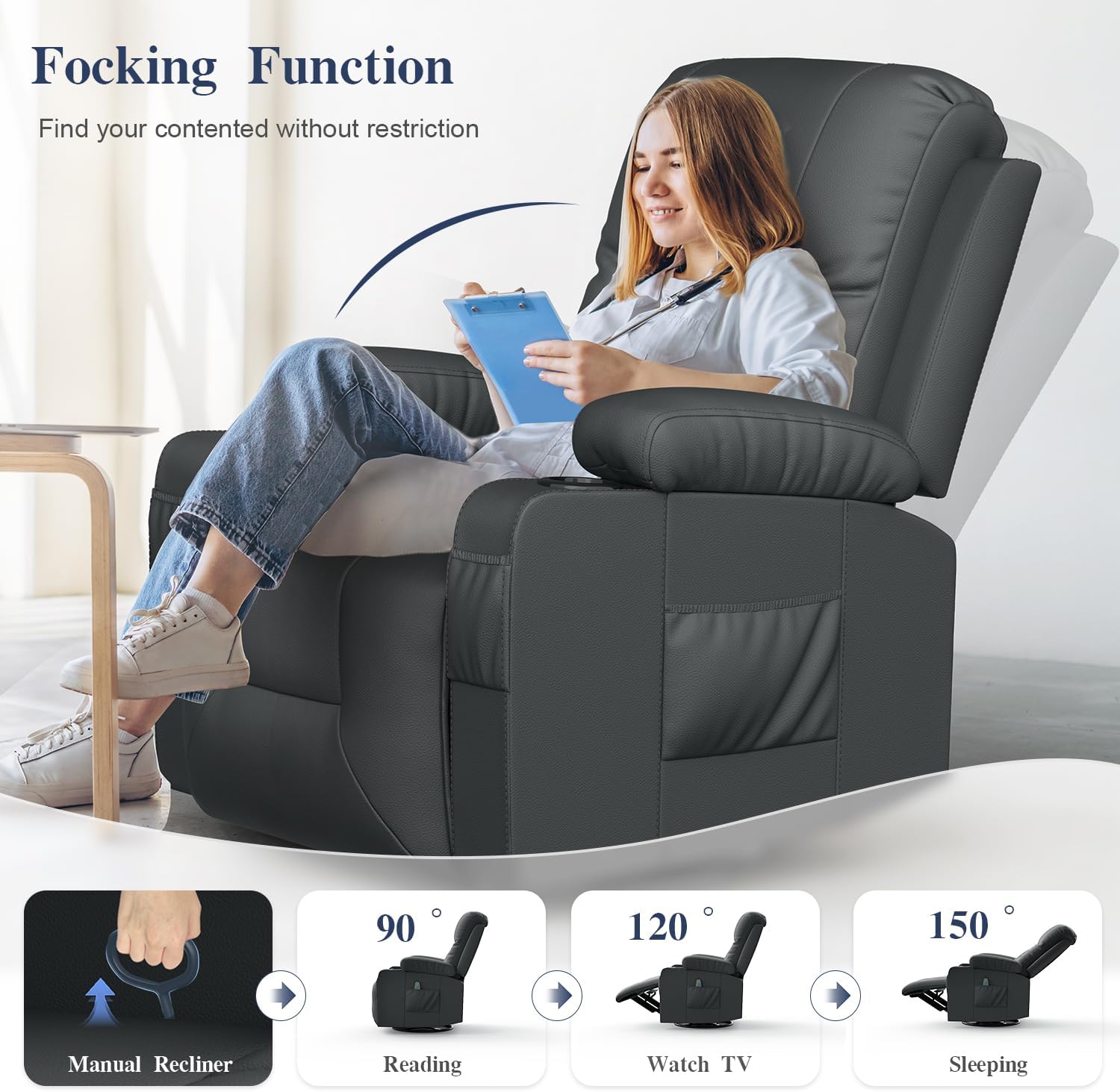 FURNIMAT Recliner Chairs for Adults, Massage Rocker with Heated Modern Ergonomic Lounge 360 Degree Swivel Single Sofa Seat Living Room Lounge Recliners Gray