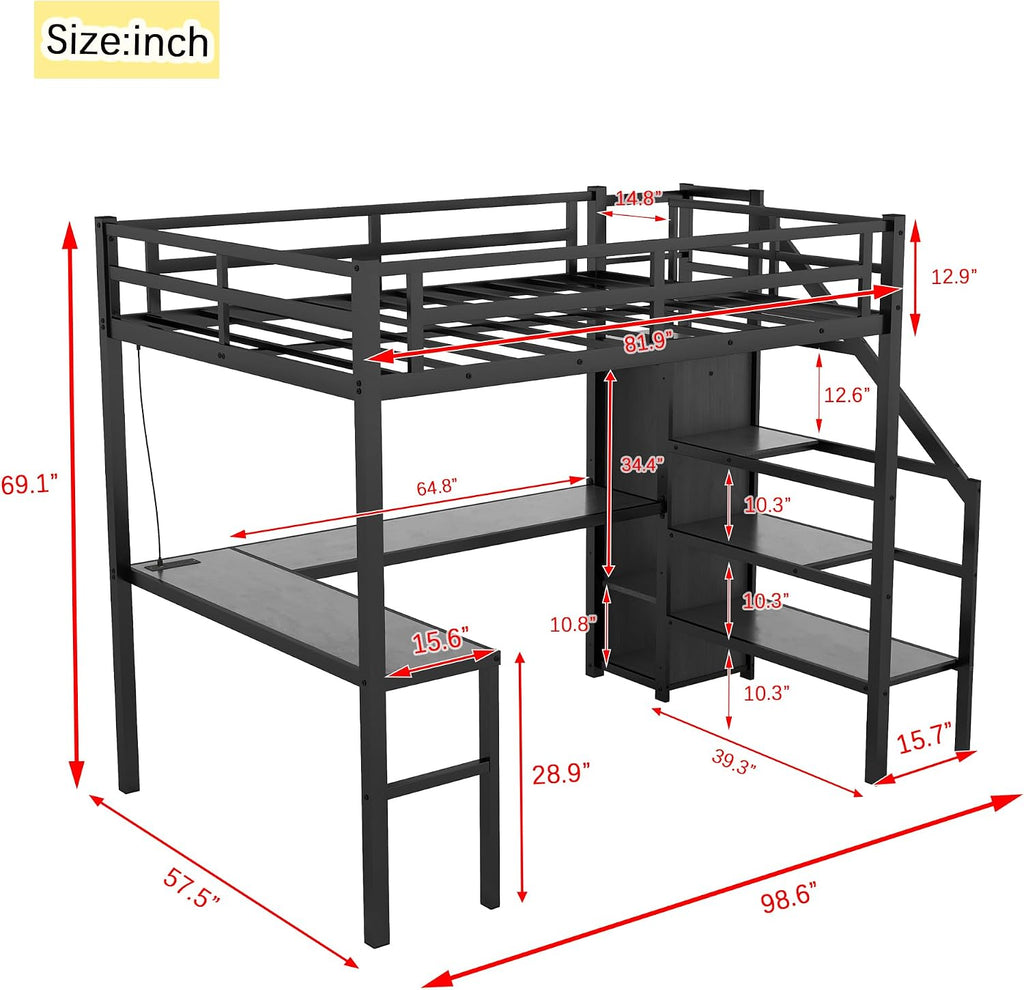 Bellemave Metal Full XL Loft Bed with Desk and Wardrobe,Heavy Duty Loft Bed Frame with Storage Stairs and LED Lights for Kids, Teens, Adults,Space Saving,Black