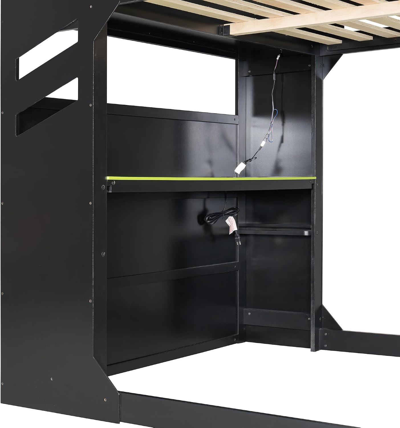 Merax Wood Loft Bed with Height-Adjustable Desk,Drawers,Storage Compartments,Hanging Rod and RGB Lights, Full Size, Green