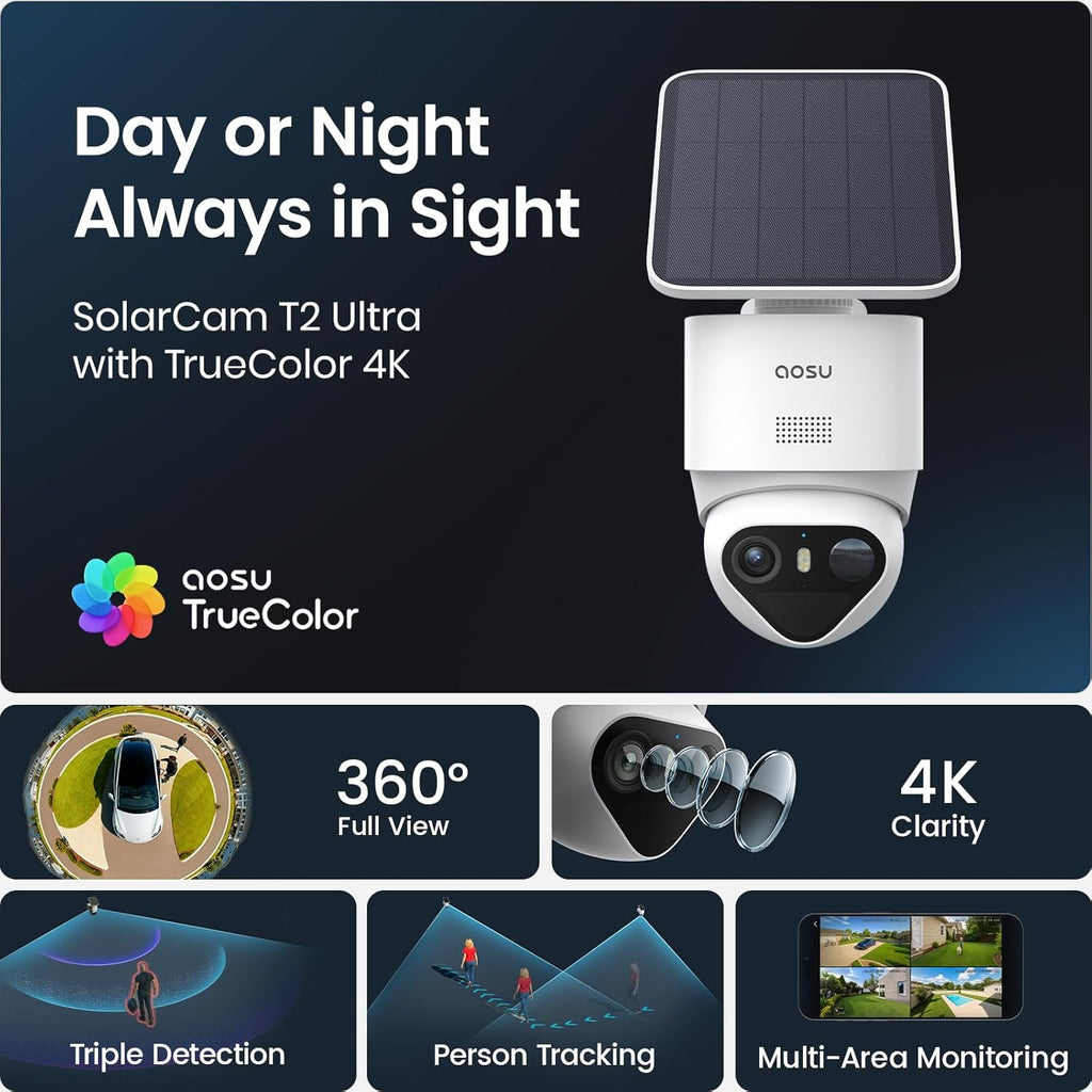 aosu T2 Ultra 4K Solar Security Camera Wireless Outdoor, Smart Home Security Camera with TrueColor Night Vision, AI Recognition & Motion Tracking, 360°Pan&Tilt, aosuCortex Compatible, 1 Pack