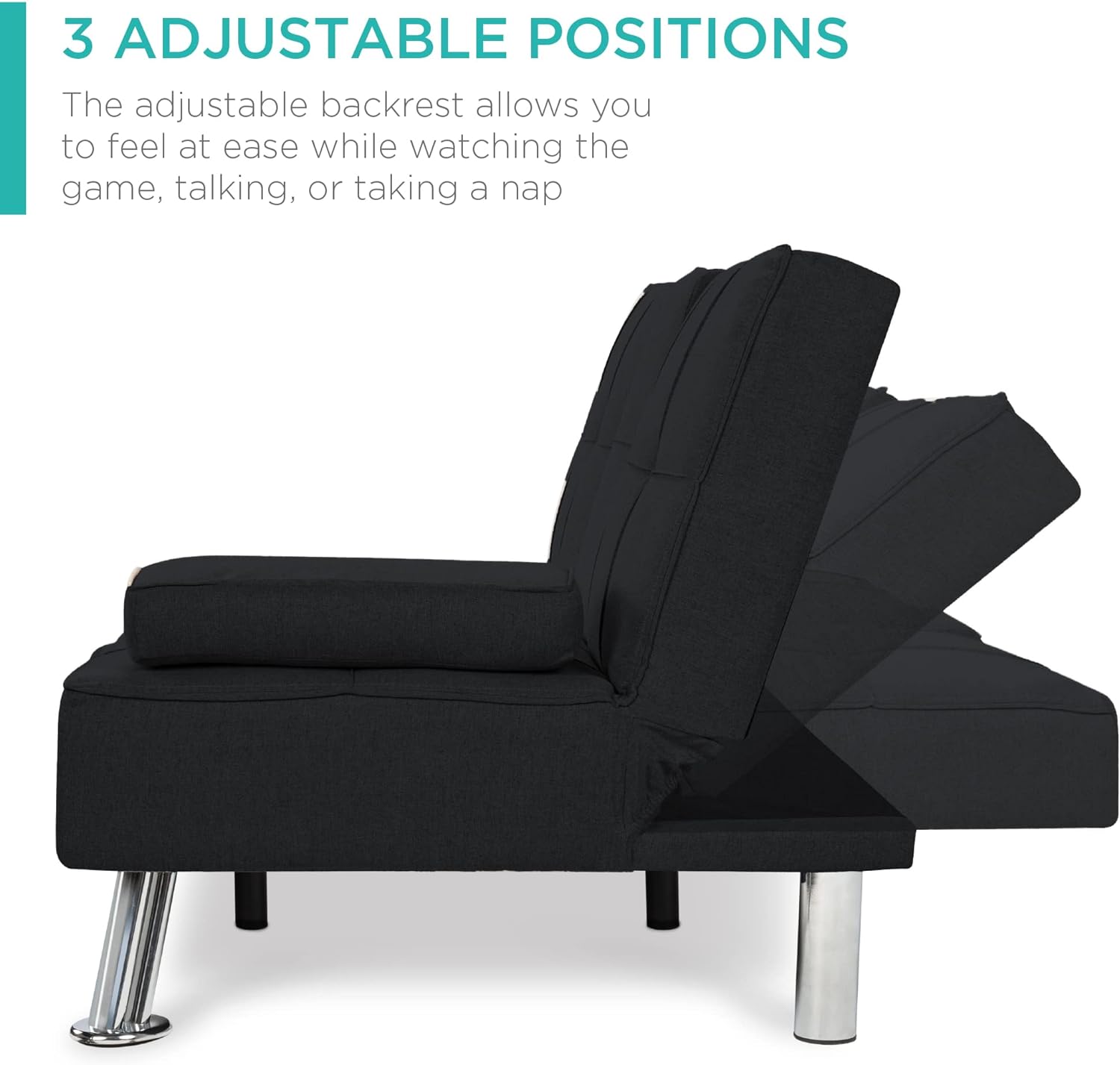 Best Choice Products Linen Modern Folding Futon, Reclining Sofa Bed for Apartment, Dorm w/Removable Armrests, 2 Cupholders - Black