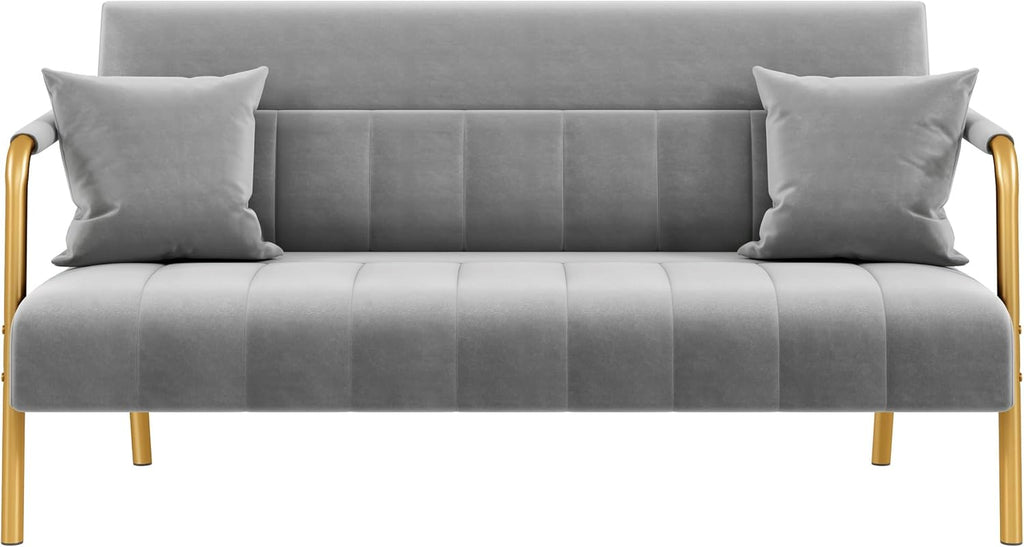Yaheetech 56.5' W Modern Sofa Small Sofa Luxurious Velvet Fabric Couch with Gold-Tone Metal Arms and Legs for Living Room, Home Office, Studio Light Gray