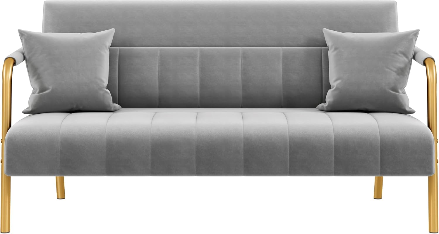 Yaheetech 56.5' W Modern Sofa Small Sofa Luxurious Velvet Fabric Couch with Gold-Tone Metal Arms and Legs for Living Room, Home Office, Studio Light Gray
