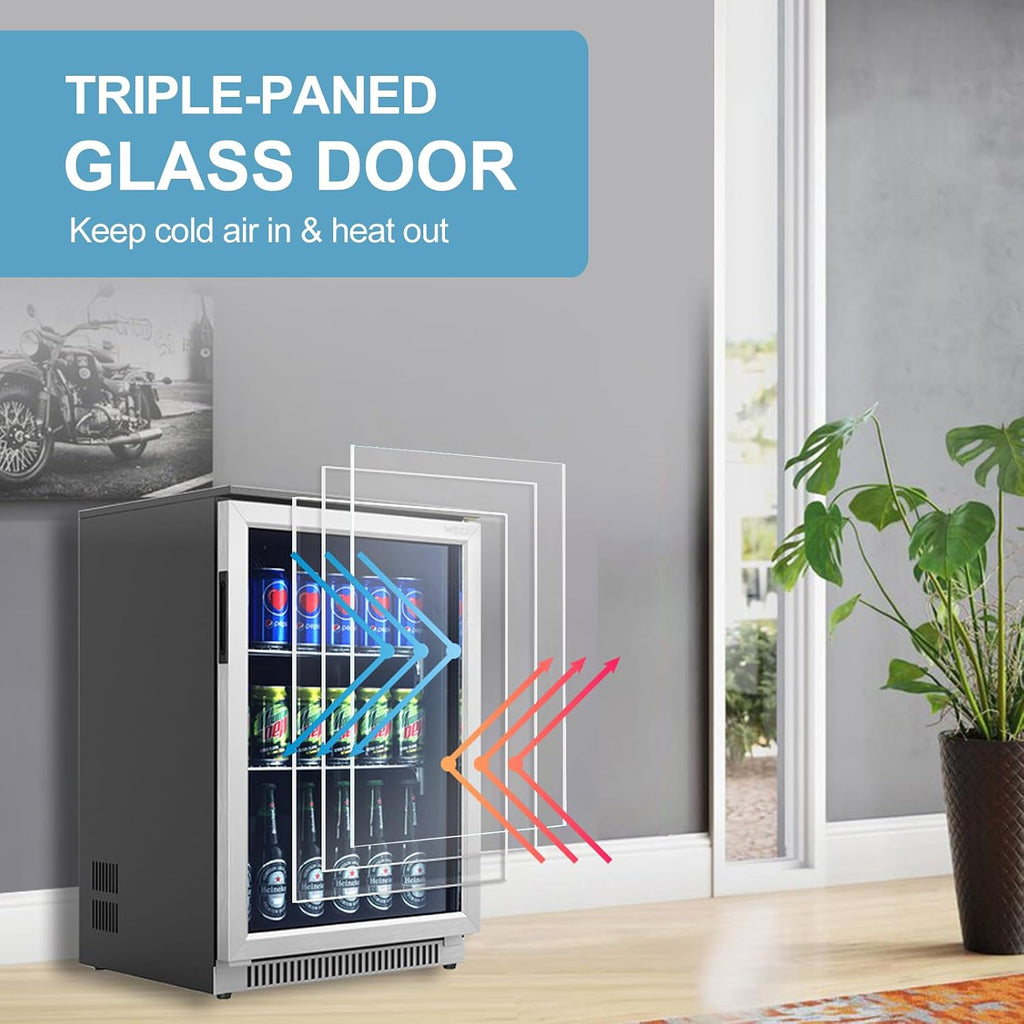 Weili 20 Inch Built in Beverage Fridge with Glass Door, 120 Can Under Counter Soda Beer Drink Refrigerator with Blue LED Light for Home Office or Bar, 36-50°F Auto Defrost