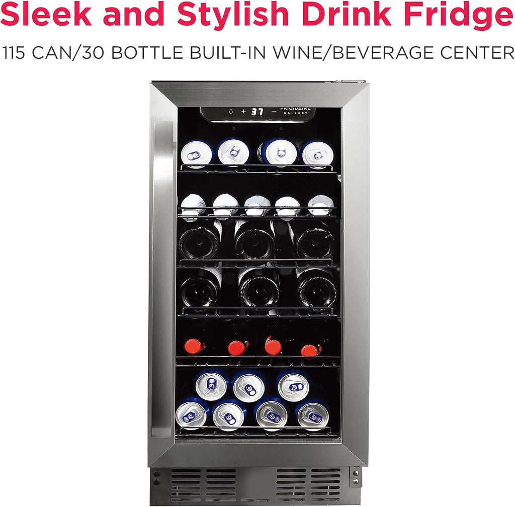 Frigidaire Gallery, 22.5' Wide Beverage Cooler, 30-Bottles Stainless Steel, with Lock, Tempered Glass Door, Frost Free, Glass Door, Stainless Steel, Built-in