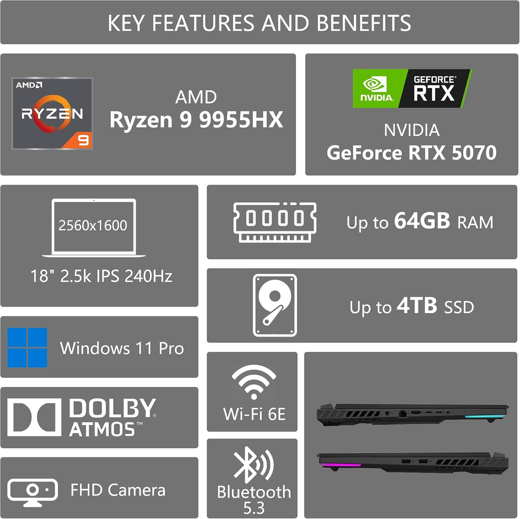 ASUS ROG Strix G18 G814 Gaming Laptop | 18' 2560x1600 240Hz 100% DCI-P3 | AMD 16-core Ryzen 9 9955HX (>i9-14900HX) | 64GB DDR5 4TB SSD | GeForce RTX 5070 DLSS4 | RGB Backlit Win11Pro w/DLCA Accessory