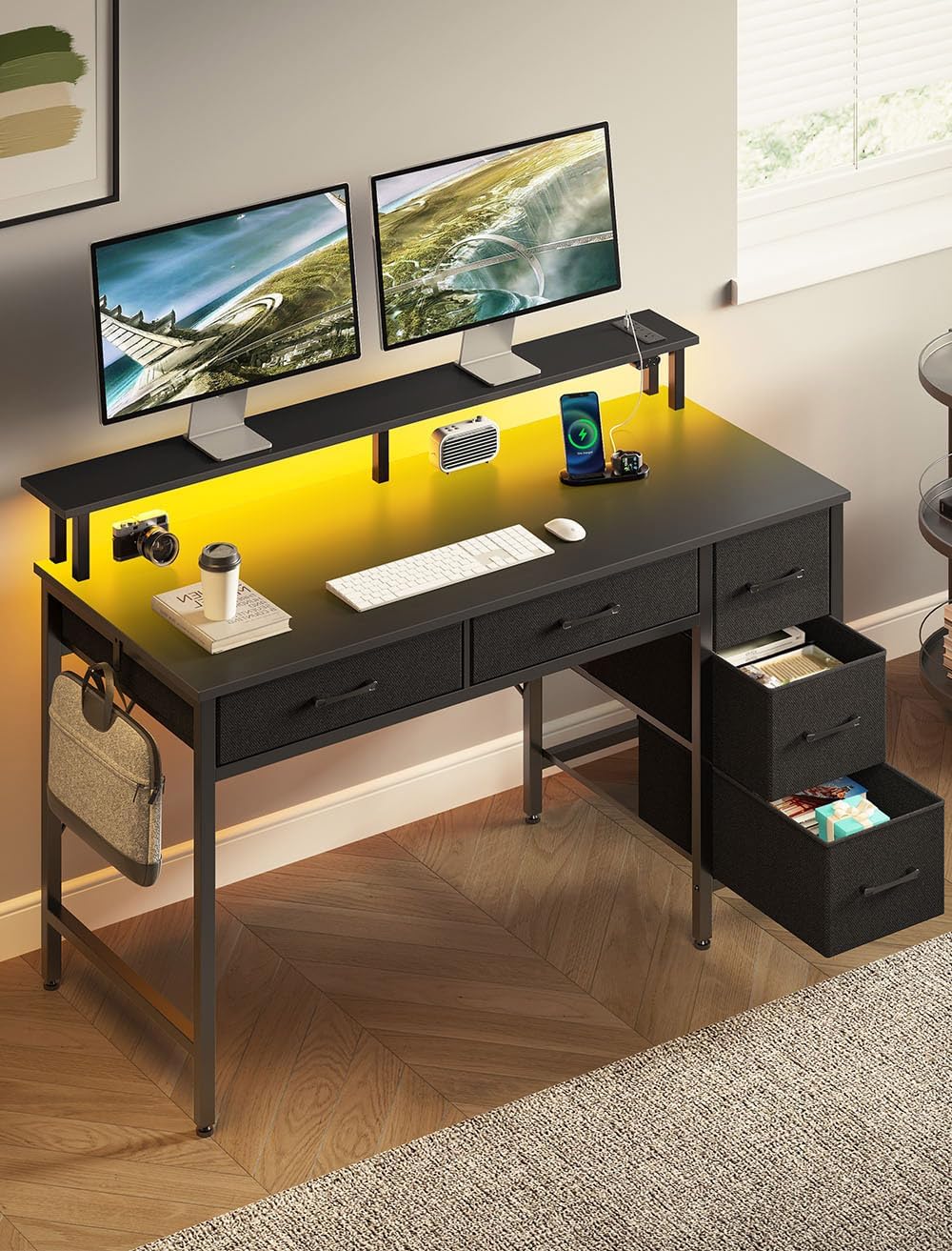 Seventable Computer Desk with Power Outlets & LED Light, 39 inch Home Office Desk with 5 Drawers, Writing Desk with Monitor Stand,Work Desk for Home Office, Black