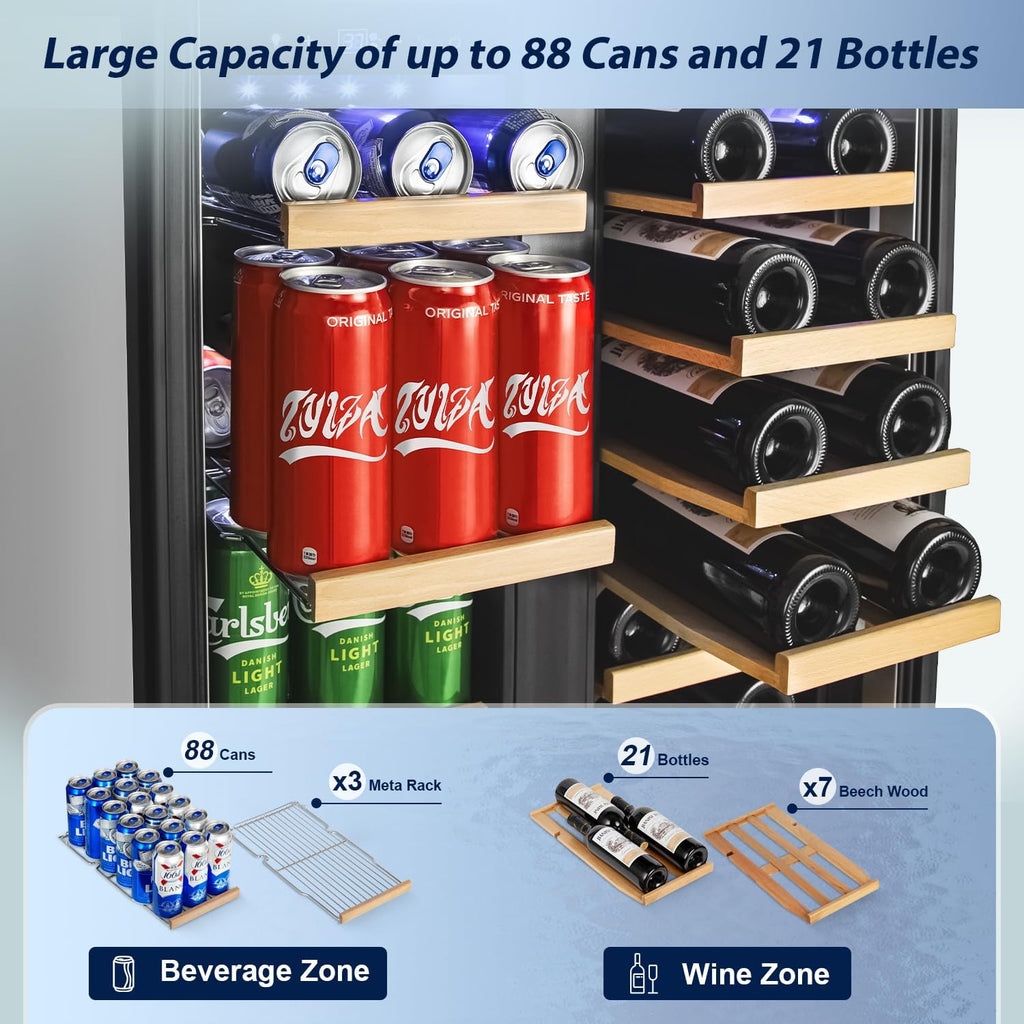 Tylza 24 Inch Wine and Beverage Refrigerator, Dual Zone Wine Beverage Cooler 24' with French Door, Under Counter Wine Beer Fridge Built-In or Freestanding, Holds 20 Bottles and 88 Cans, Black