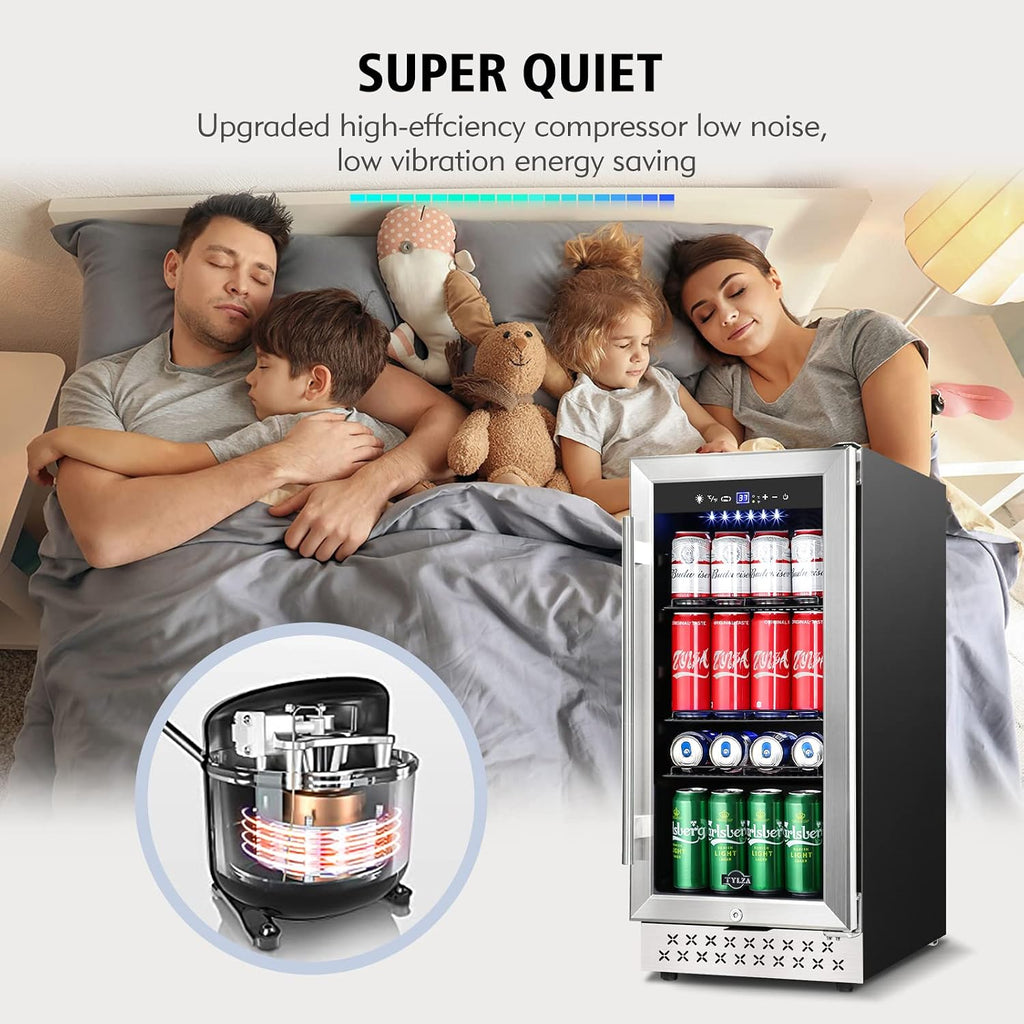 Tylza 15 Inch Beverage Refrigerator, 130 Cans Quiet Beverage Fridge, 15'' Beverage Cooler Under Counter with Glass Door and Lock for Built-in or Freestanding With Temperature Memory Function TYBC100