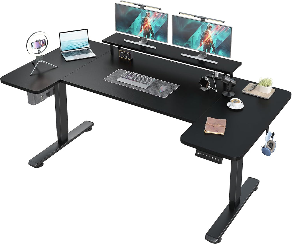 EnHomee U Shaped Electric Standing Desk, 71 x 36 Inch Height Adjustable Desk with Power Outlets, 3 Memory Heights, Monitor Shelf, Home Office Work Study Gaming Computer Desk