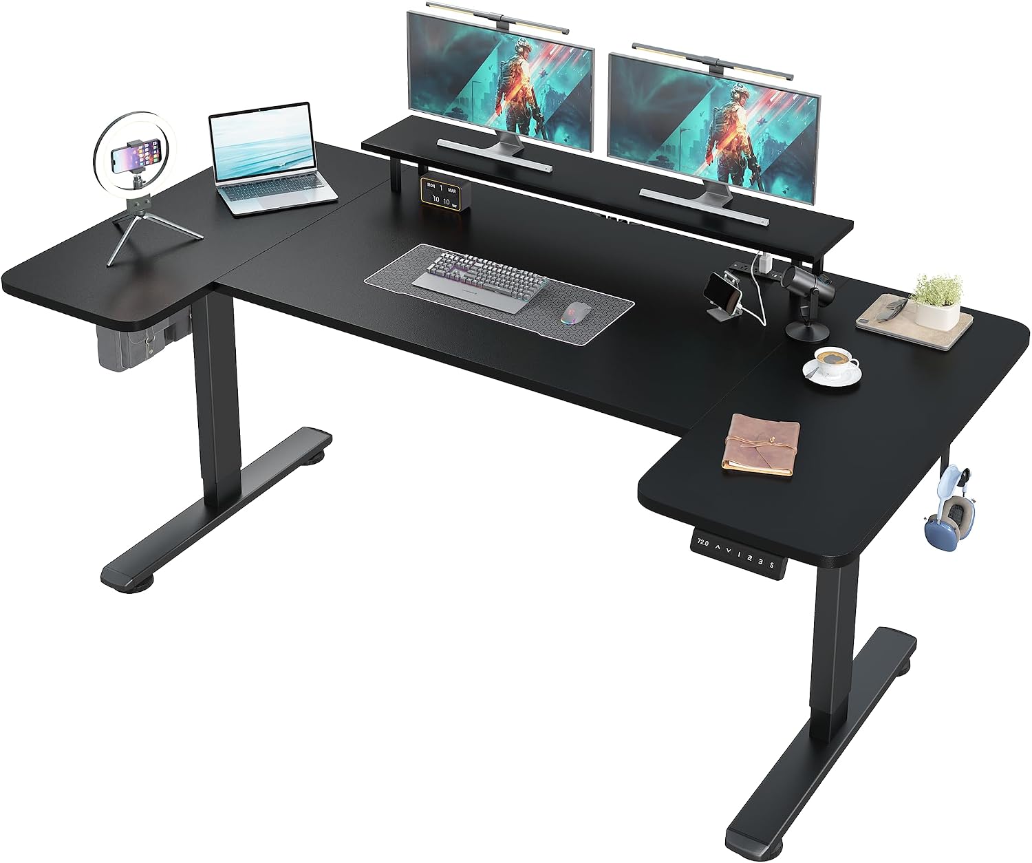 EnHomee U Shaped Electric Standing Desk, 71 x 36 Inch Height Adjustable Desk with Power Outlets, 3 Memory Heights, Monitor Shelf, Home Office Work Study Gaming Computer Desk