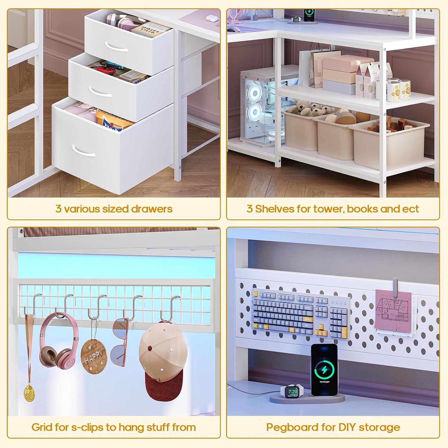 ADORNEVE Gaming Loft Bed Twin Size with L-Shaped Desk, Storage Drawers & RGB Arcylic Hutch, Expanded Safety Power Outlet, Metal LED Loft Bed Frame with Wide Ladder, for Teen Girls, White