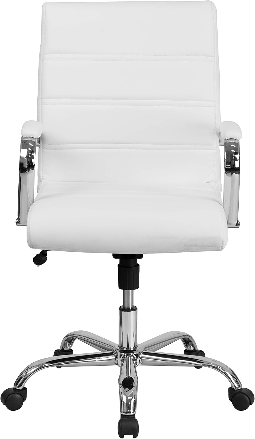 Flash Furniture Whitney Mid-Back Swivel LeatherSoft Desk Chair with Padded Seat and Armrests, Adjustable Height Padded Office Chair, White/Chrome
