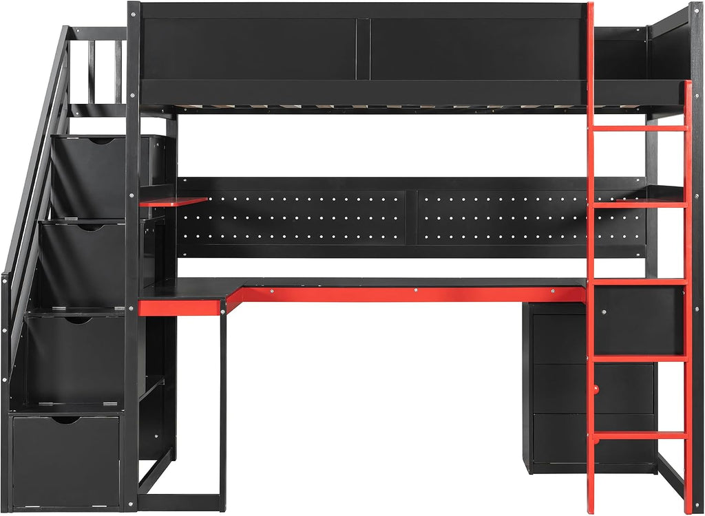 Merax Wooden Gaming Loft Bed with Storage Stairs, Desk, Shelves & Pegboard, Twin Size, Black+Red