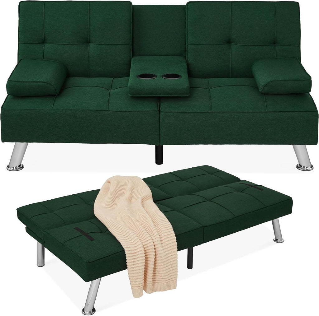 Best Choice Products Linen Modern Folding Futon, Reclining Sofa Bed for Apartment, Dorm w/Removable Armrests, 2 Cupholders - Dark Green