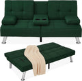 Best Choice Products Linen Modern Folding Futon, Reclining Sofa Bed for Apartment, Dorm w/Removable Armrests, 2 Cupholders - Dark Green