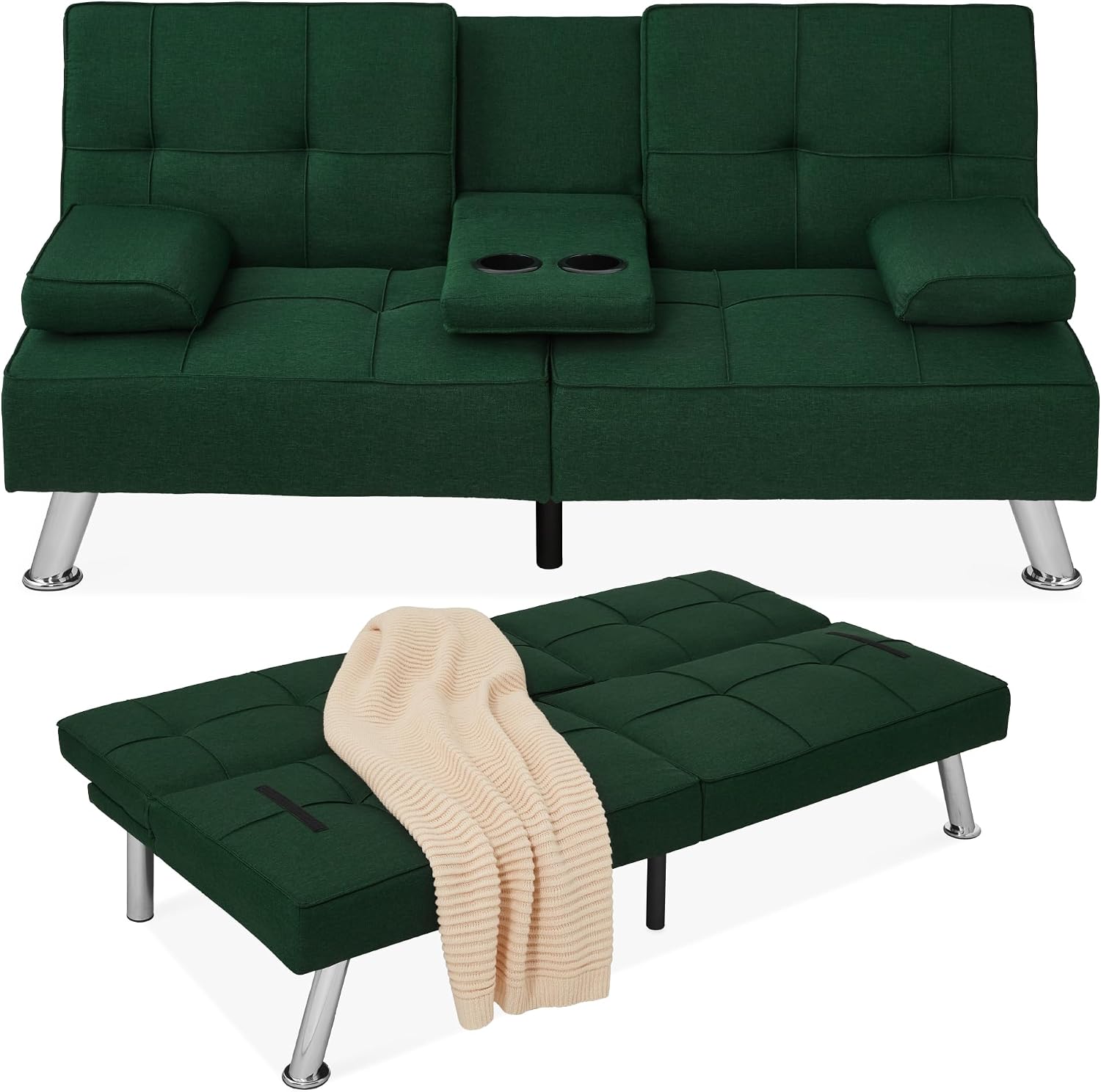 Best Choice Products Linen Modern Folding Futon, Reclining Sofa Bed for Apartment, Dorm w/Removable Armrests, 2 Cupholders - Dark Green