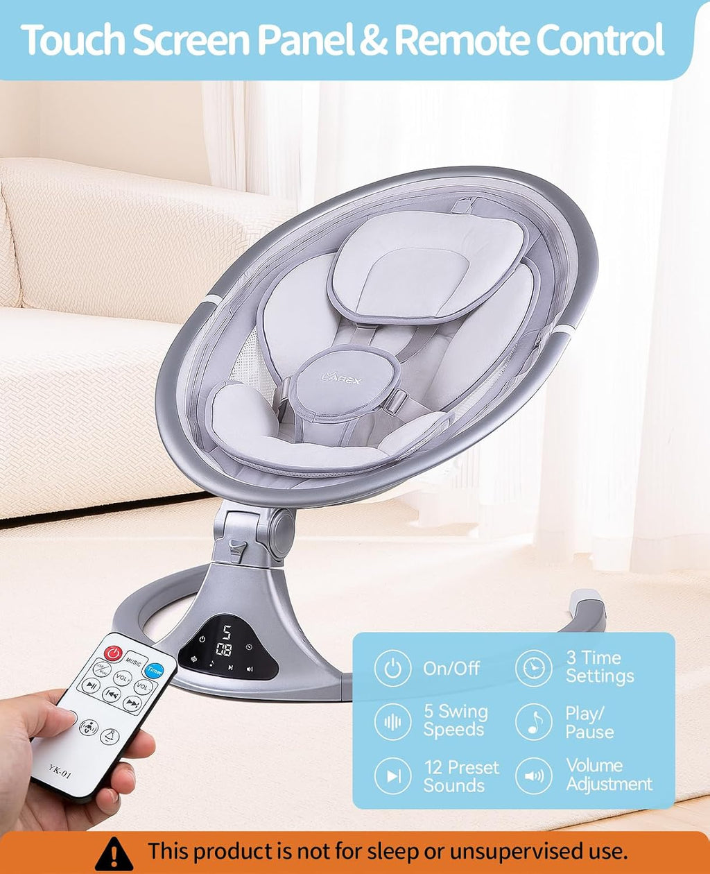 LAREX Baby Swing to Toddler Electric Infant Swing Portable for Newborn Boy Girl, 5 Sway Speeds with Remote Control, 12 Preset Melodies and Bluetooth, 0-6 Months Max 20 Lbs (2024 Model-Sliver)