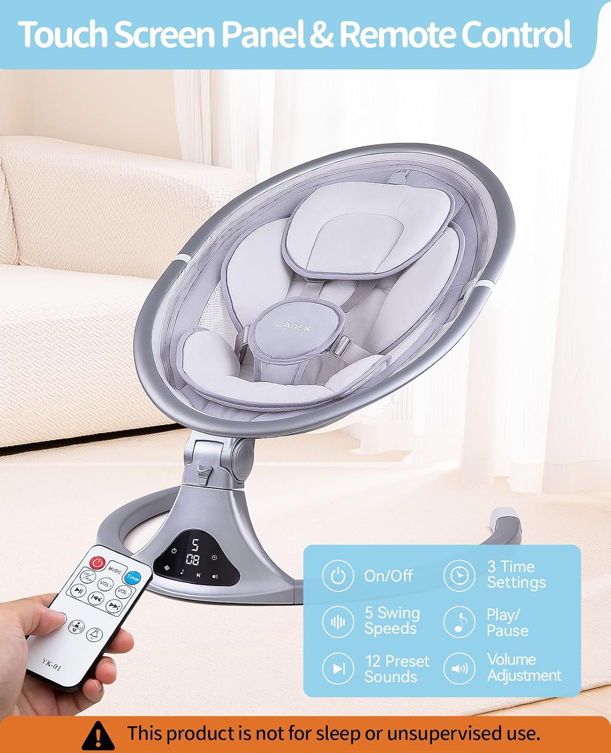 LAREX Baby Swing to Toddler Electric Infant Swing Portable for Newborn Boy Girl, 5 Sway Speeds with Remote Control, 12 Preset Melodies and Bluetooth, 0-6 Months Max 20 Lbs (2024 Model-Sliver)