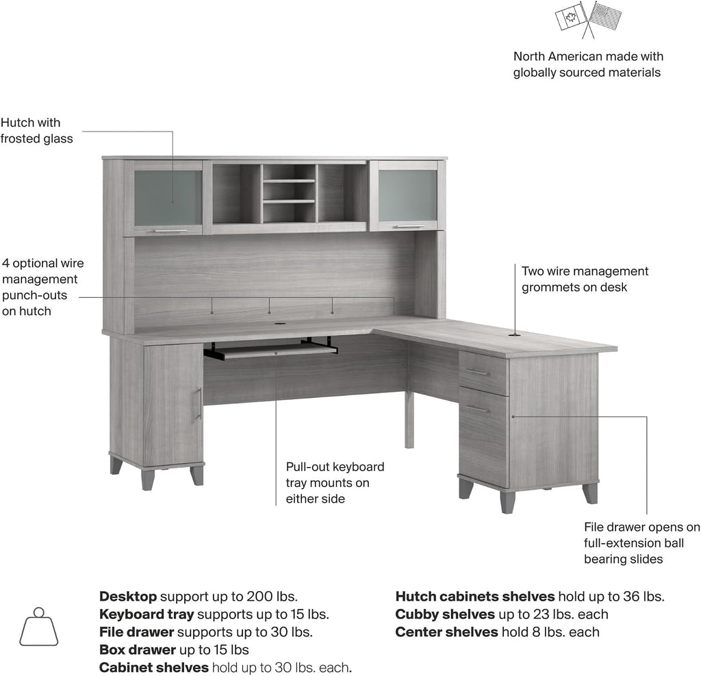 Bush Furniture Somerset L Shaped Desk with Hutch in Platinum Gray | Corner Computer Table with Drawers, Cabinets and Pullout Keyboard/Laptop Tray for Home Office