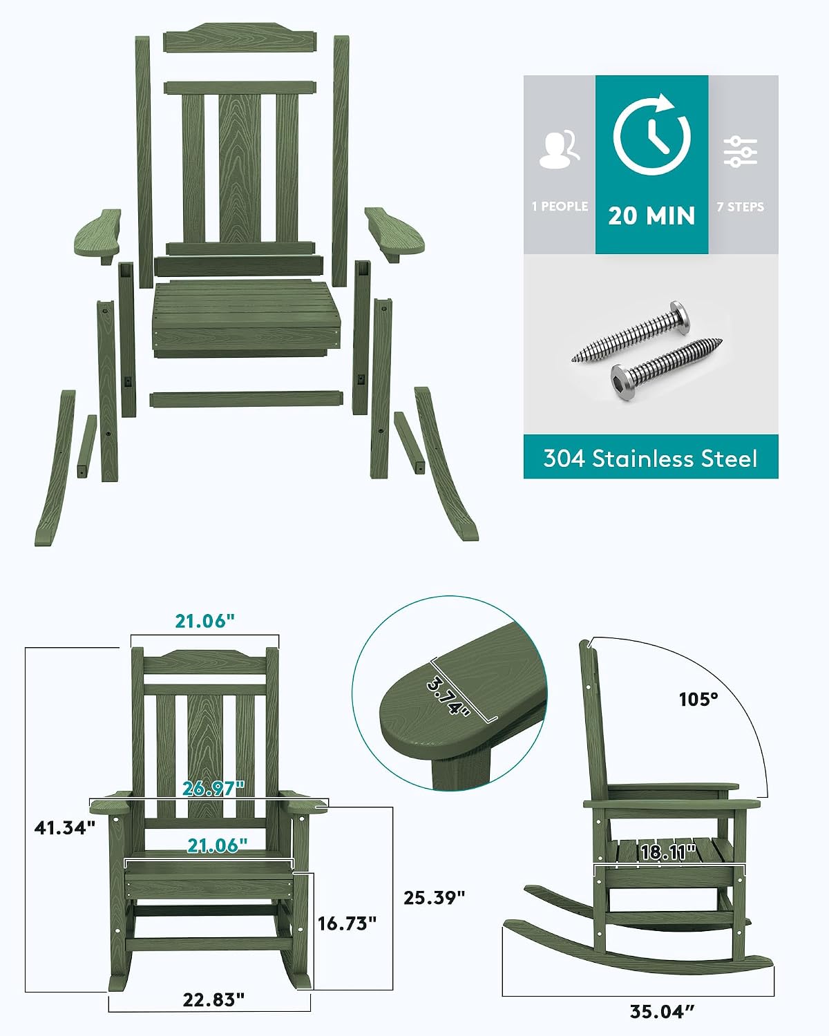 SERWALL Oversized Rocking Chair Set of 4 Outdoor, HDPE Outdoor Rocking Chair Set of 4, Avocado