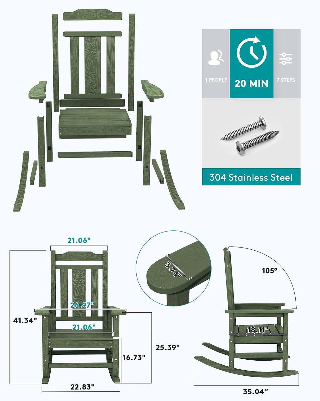 SERWALL Oversized Rocking Chair Outdoor, HDPE Outdoor Rocking Chair, Avocado