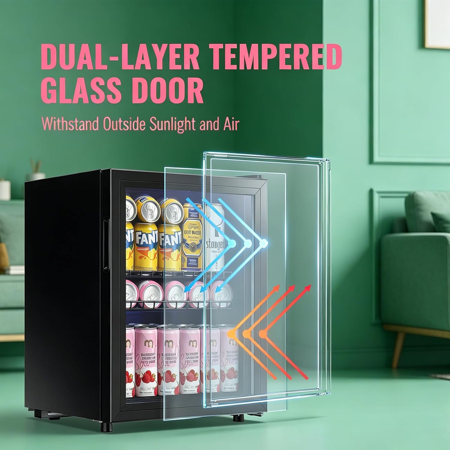 WANAI Beverage Refrigerator and Cooler with Glass Door - 80 Can Capacity, 2.6 Cu.ft Small Beer Fridge for Drinks, Soda, Wine- Mini Cooler with 7 Adjustable Temperature Control and Blue LED Light