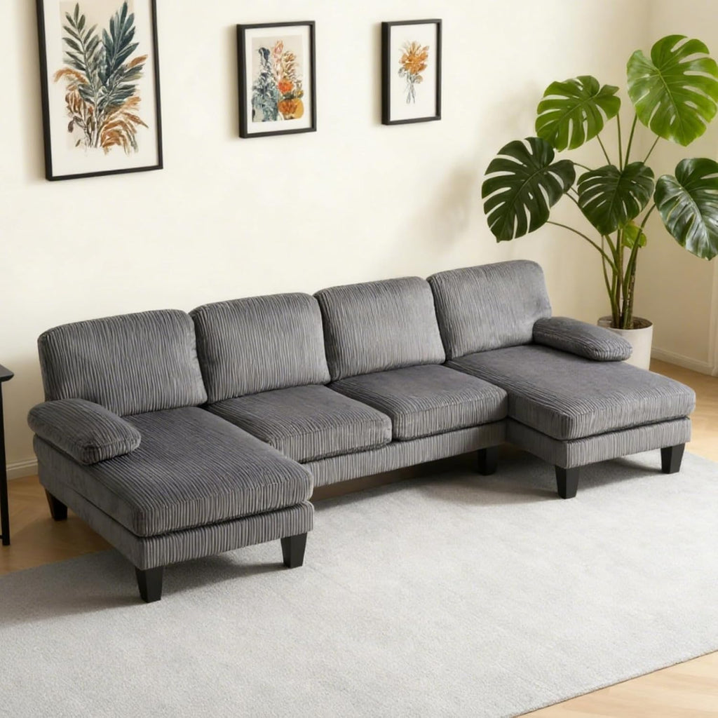 Karl home U-Shape Sectional Sofa Couch 111' Modern 4-Seat Sofa with Chaises Corduroy Fabric Upholstered Covertible Couch with Wood Grain Legs for Living Room, Reception Room, Apartment, Dark Gray