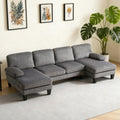 Karl home U-Shape Sectional Sofa Couch 111' Modern 4-Seat Sofa with Chaises Corduroy Fabric Upholstered Covertible Couch with Wood Grain Legs for Living Room, Reception Room, Apartment, Dark Gray