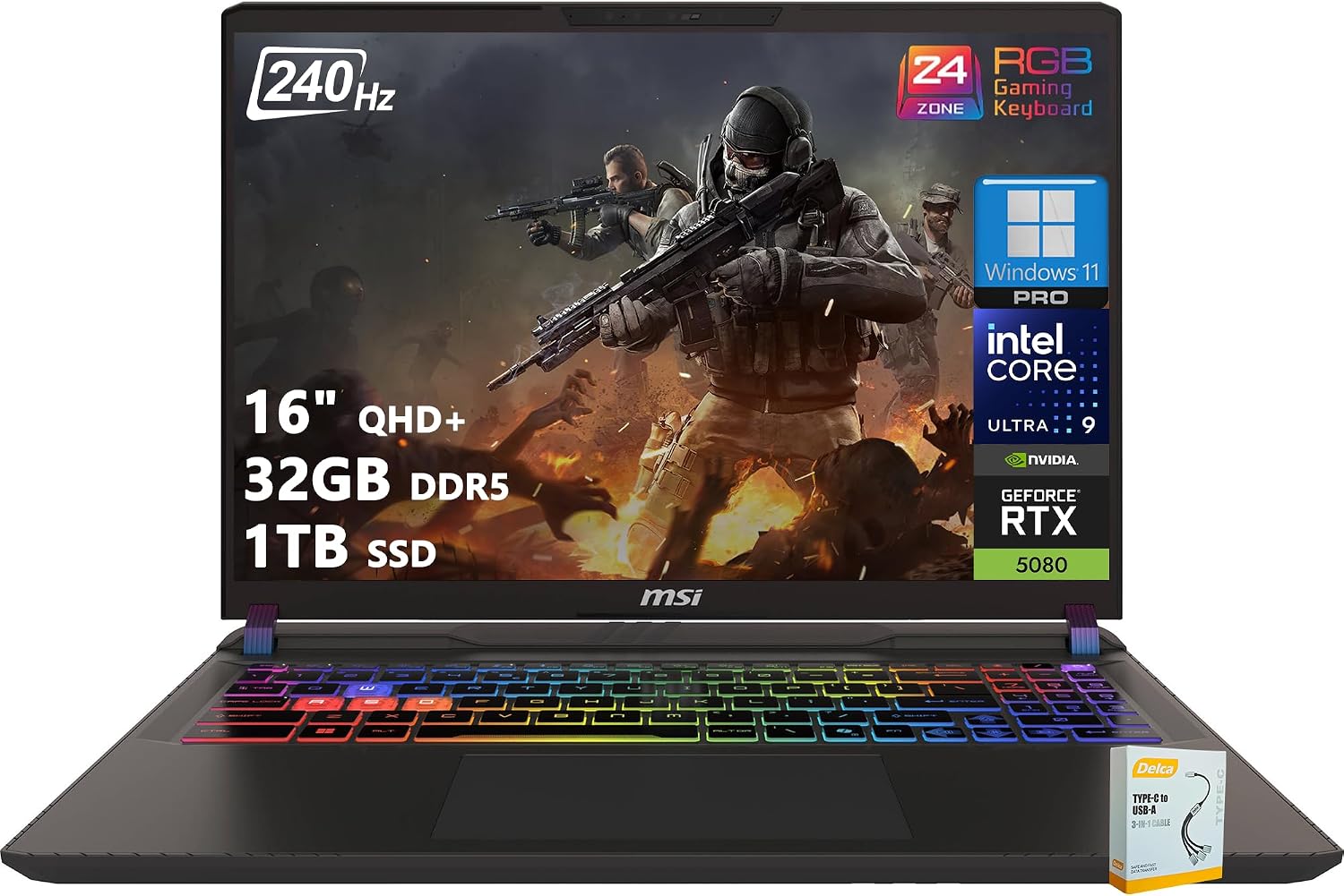 msi Vector 16 HX AI Gaming Laptop | 16' QHD+ IPS 240Hz | Intel Core Ultra 9 275HX | 32GB DDR5 1TB SSD | GeForce RTX 5080 (Up to 1334 AI Tops) | RGB Backlit Thunderbolt 5 Win11 Pro w/DLCA Accessory