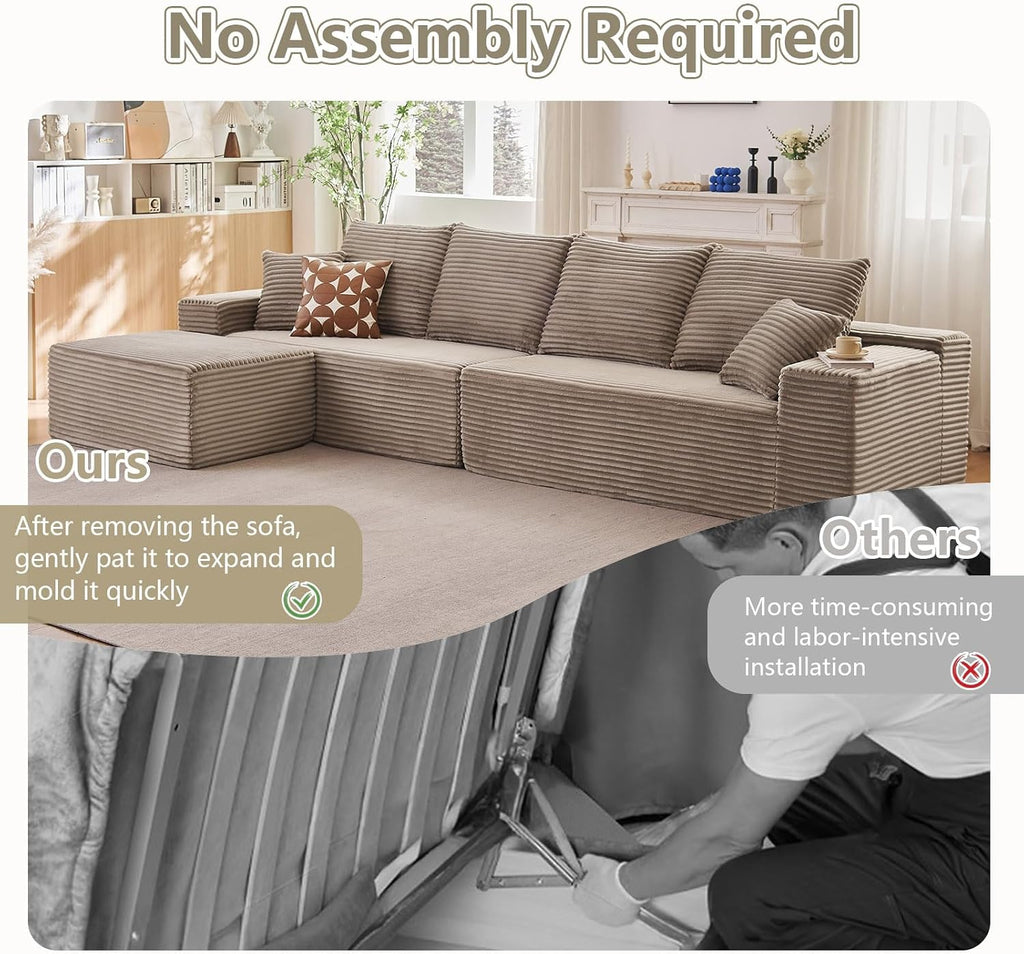 140' L Shaped Cloud Sectional Couch for Living Room, Modular Floor Deep-Seat Sofa, Big Comfy Corduroy Couches Set with Fluffy Memory Foam for Living Room Bedroom, No Assembly Required, Camel