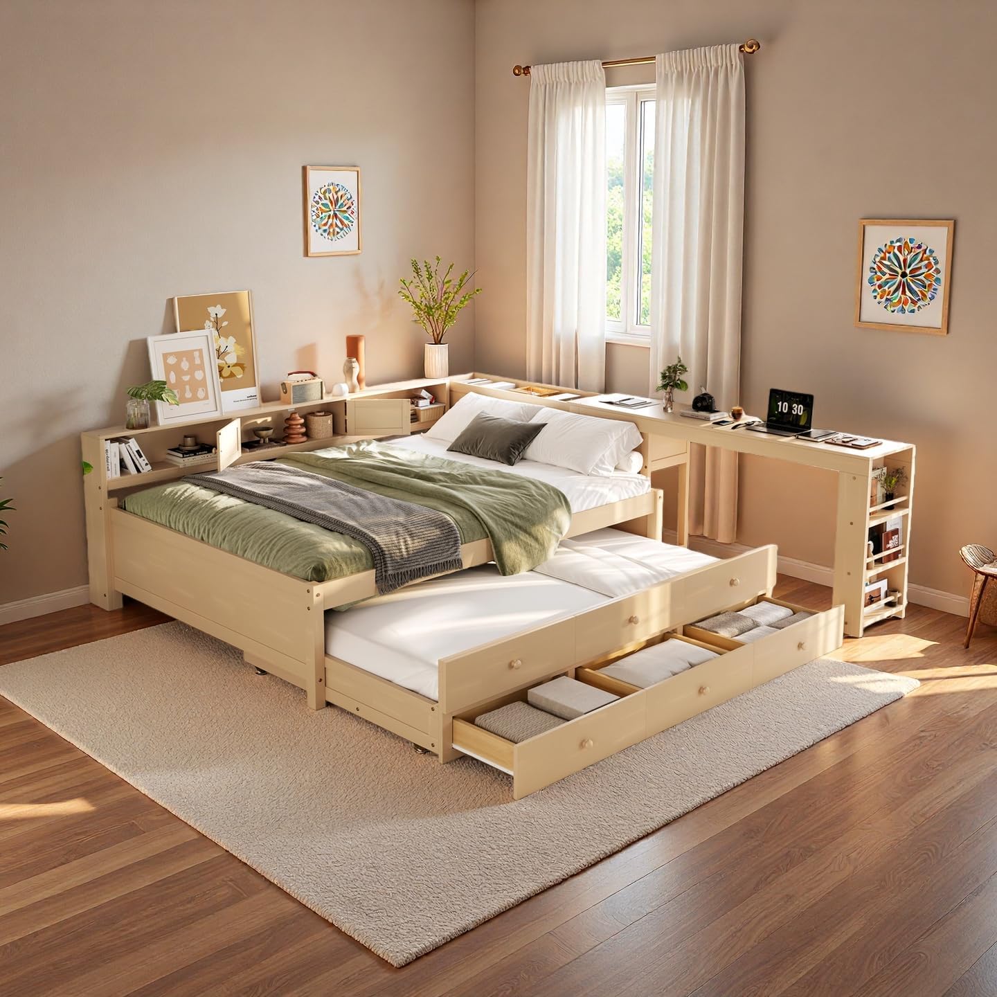 SOFTSEA Twin Size Corner Bed with Trundle & Storage Drawers, Wood Daybed with Desk and Bookcase Headboard, Twin Corner Daybed with Storage Shelves for Kids Teens Adults, Golden