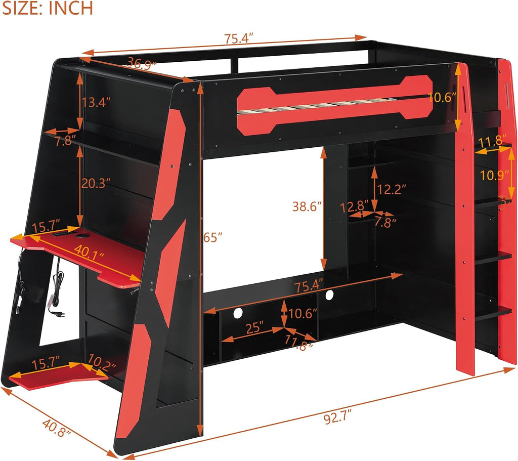 Merax Wood Loft Bed with Desk, Multi-Storage Shelves and RGB Light, Twin Size, Red