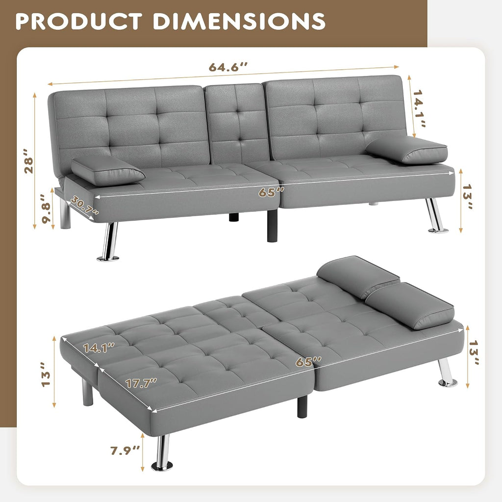 Homall Futon Sofa Bed, Leather Futon Couch with Removable Armrests, Adjustable Recliner Sleeper Sofa Bed with Dual Cup Holders for Living Room, Apartment, Office (Gray)
