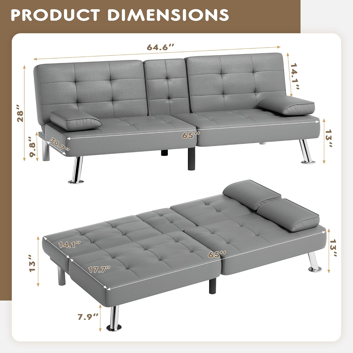 Homall Futon Sofa Bed, Leather Futon Couch with Removable Armrests, Adjustable Recliner Sleeper Sofa Bed with Dual Cup Holders for Living Room, Apartment, Office (Gray)