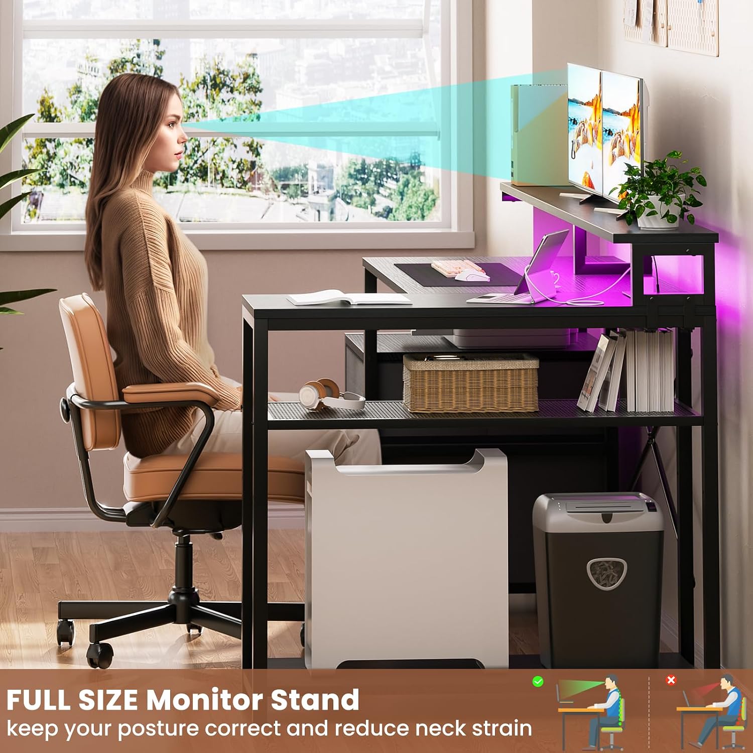 Aheaplus L Shaped Desk with File Drawer, Reversible L Shaped Computer Desk Gaming Desk with Power Outlet & LED Strip, Home Office Desk with Monitor Shelf, Corner Desk with Storage Shelves, Black