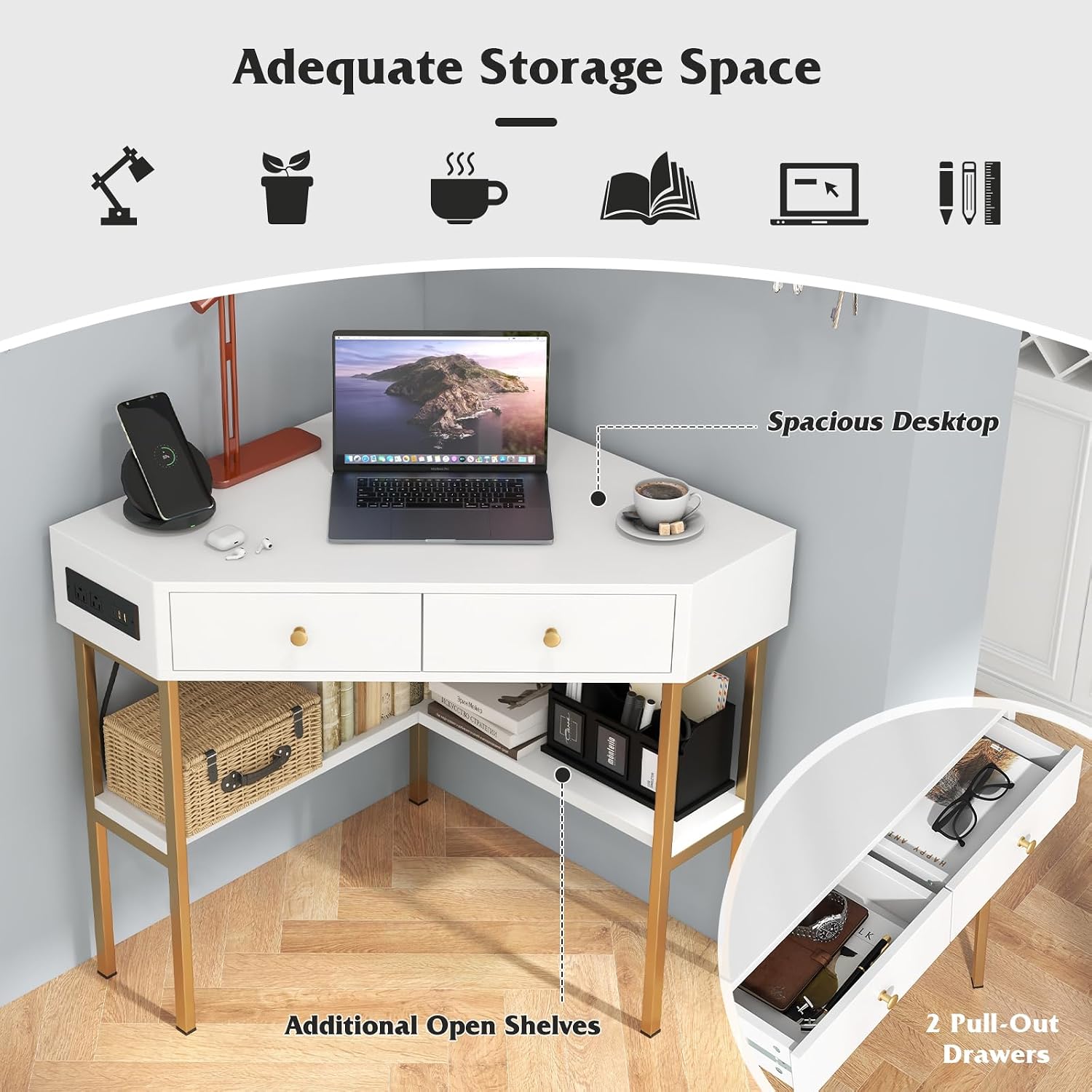 Tangkula White Corner Desk with 2 Drawers & Built-in Charging Station, 90 Degrees Triangle Computer Desk for Small Space, Bedroom Makeup Vanity Desk with Shelves, Corner Writing Desk
