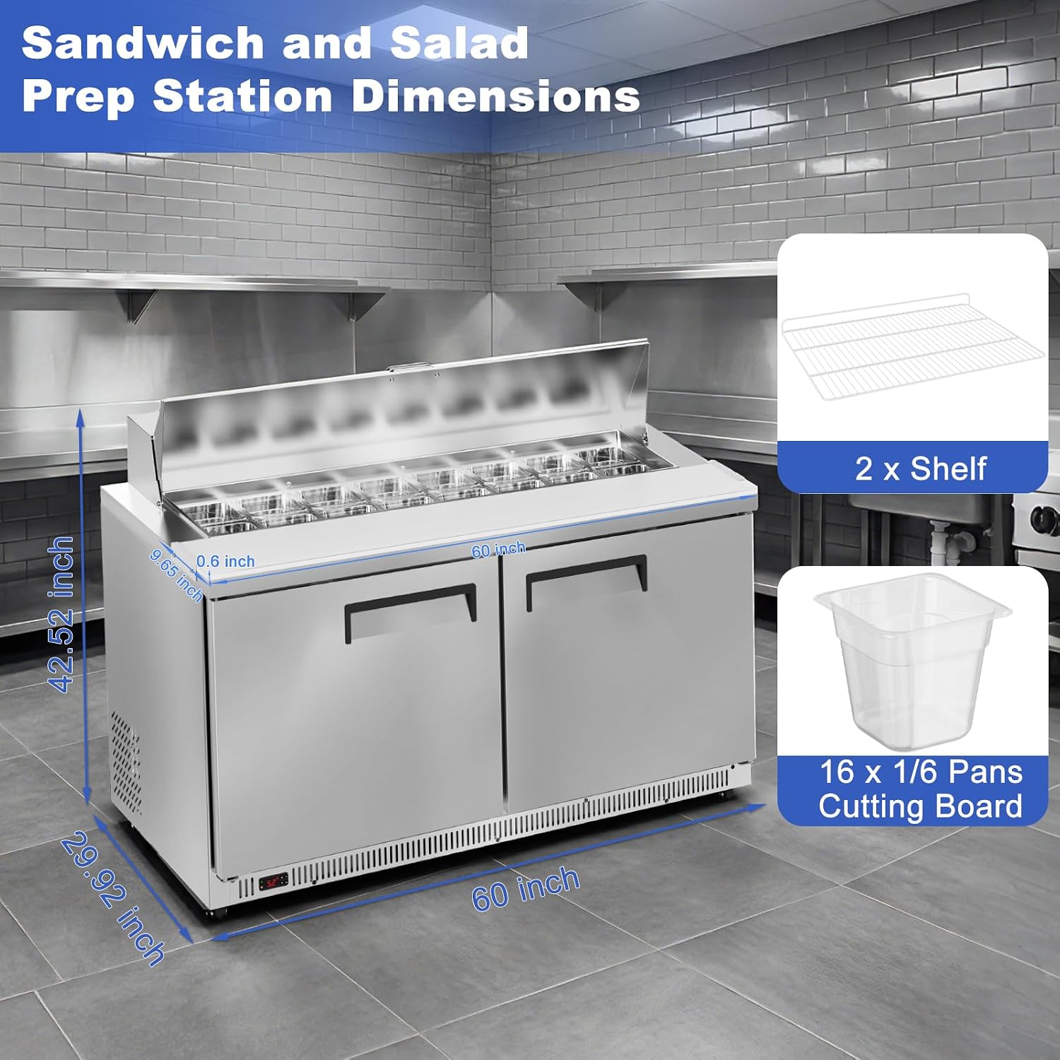 Tylza 60' Commercial Refrigerator, 16.3 Cu.Ft Sandwich Pizza Prep Table, Mega Top Worktop Fridge w/ 16 Pans & Cutting Board, 2-Door Stainless Steel Salad Prep Cooler for Restaurant & Food Truck