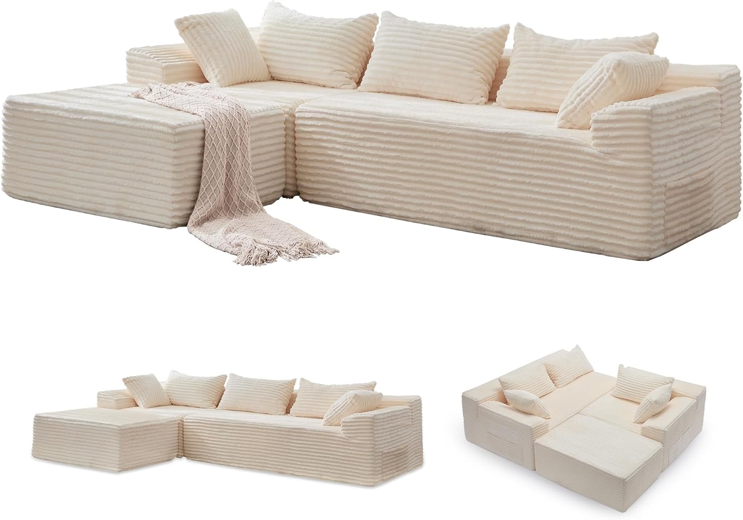 Korser 110' L-Shaped Modular Sectional Sofa with Chaise, Boneless Comfy Corduroy Fluffy Couch with Deep Seat and Side Pockets, Flexible Module Combination for Living Room, No Assembly, Side Pockets