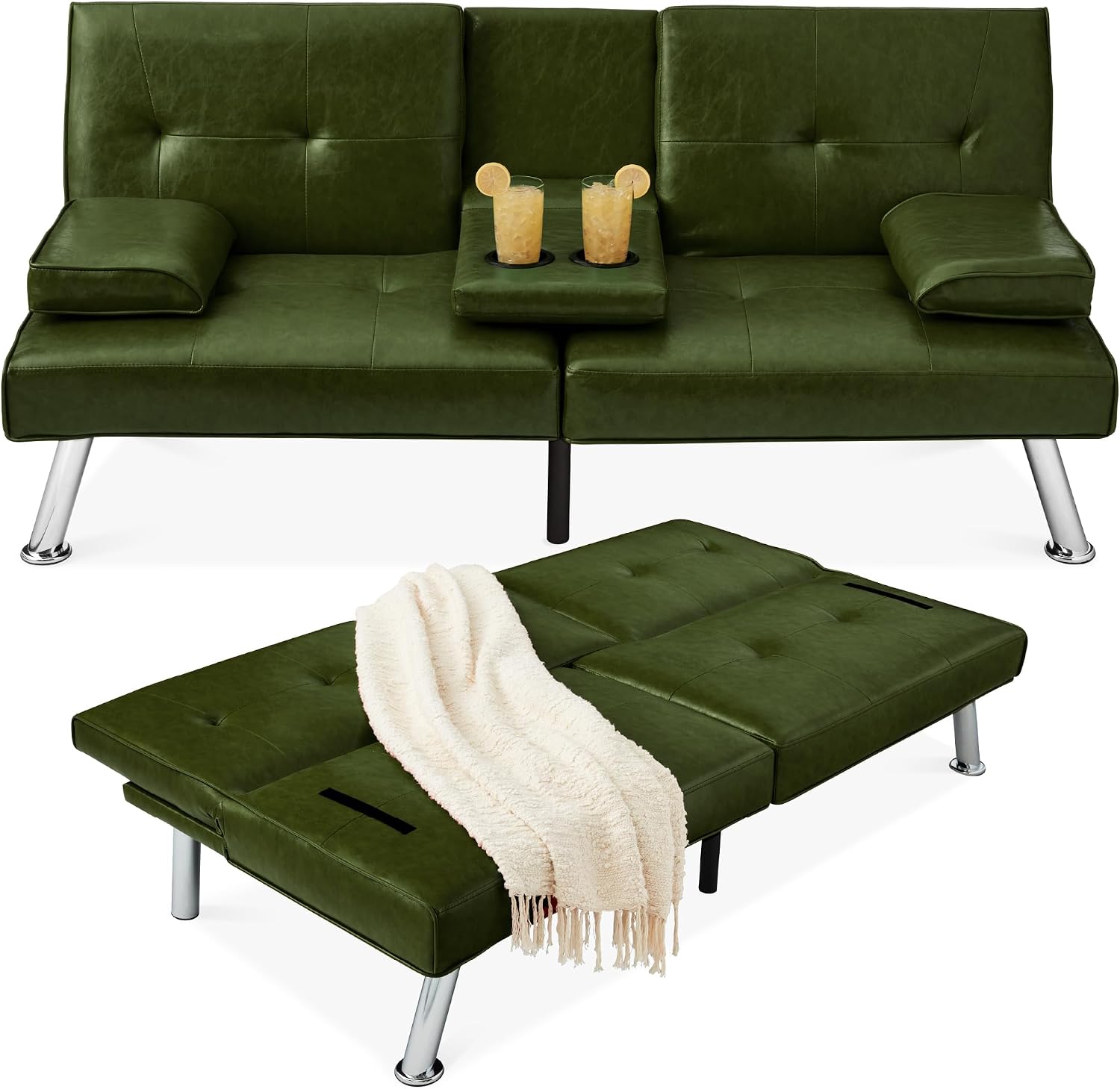 Best Choice Products Faux Leather Upholstered Modern Convertible Futon, Adjustable Folding Sofa Bed, Guest Bed w/Removable Armrests - Dark Green