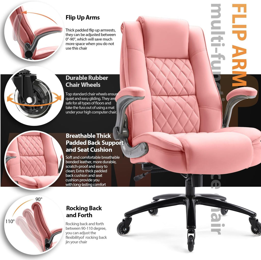 High Back Office Chair- Flip Arms Adjustable Built-in Lumbar Support, Executive Computer Desk Chair Work Chairs, Thick Padded Strong Metal Base Quiet Wheels, Ergonomic Design for Back Pain