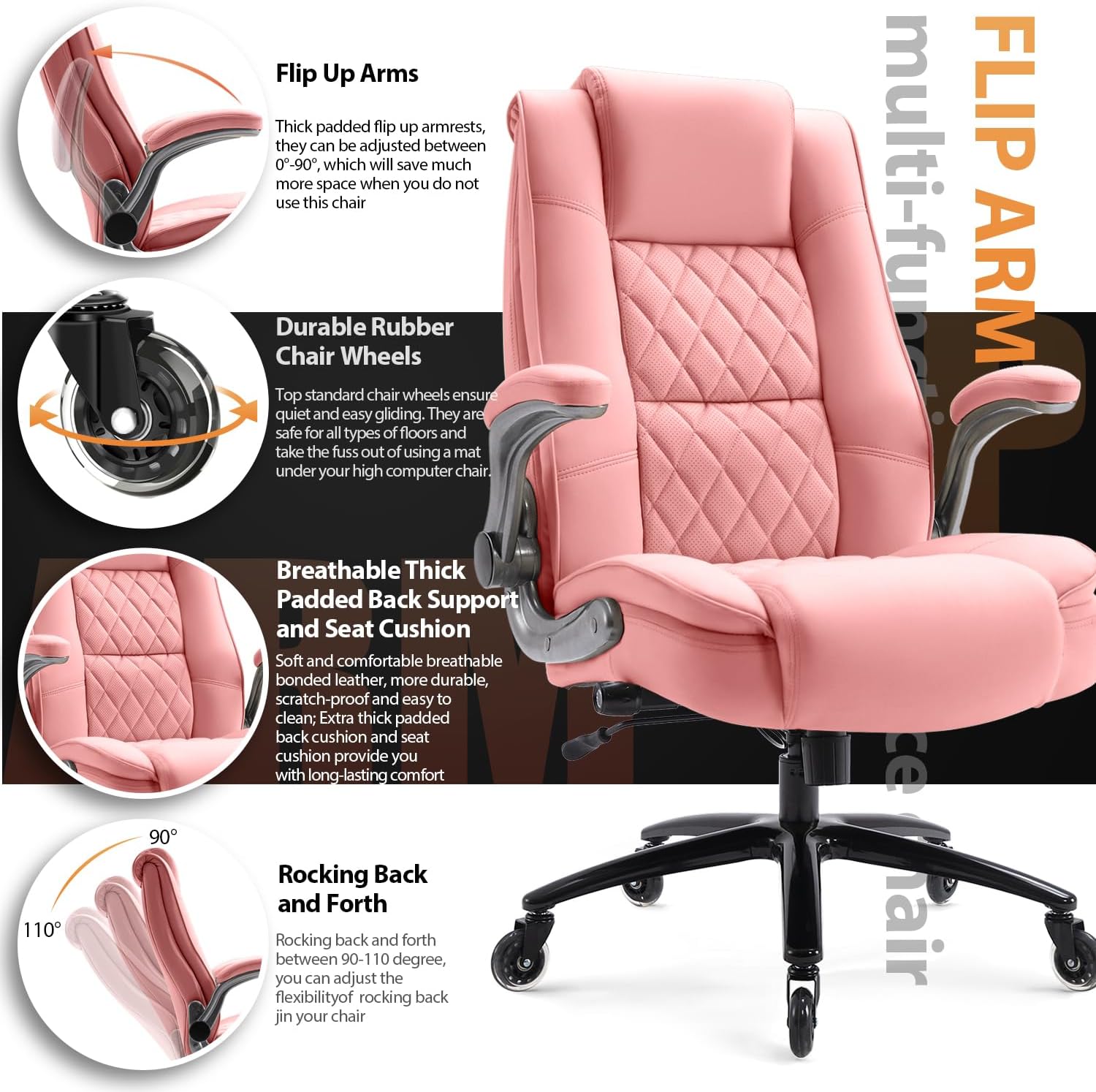 High Back Office Chair- Flip Arms Adjustable Built-in Lumbar Support, Executive Computer Desk Chair Work Chairs, Thick Padded Strong Metal Base Quiet Wheels, Ergonomic Design for Back Pain
