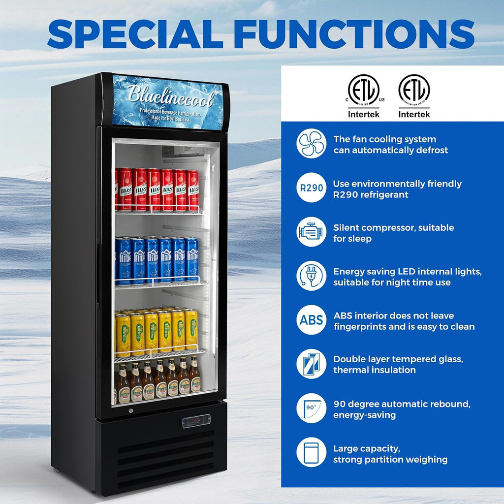 Commercial Refrigerators 9 Cu.Ft Upright Merchandiser Drink Cooler – Glass Door Beverage Fridge with LED Light, Adjustable Shelves, Lock Wheels – Display Refrigerator for Beer, Bar, Shop