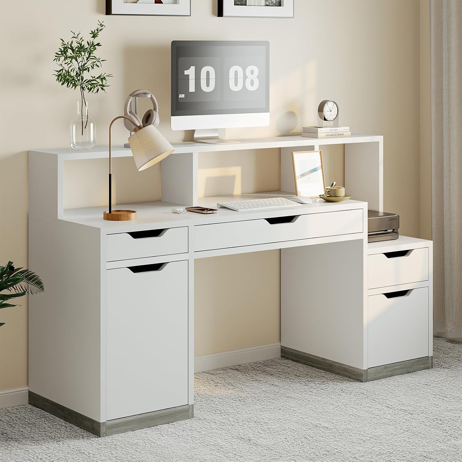 MaverickFurni Computer Desk with 4 Drawer & Storage Shelves, 58' White Office Desk with File Drawer & Cabinet, Small Study Desk with Monitor Stand & Printer Shelf for Bedroom, Small Spaces, White
