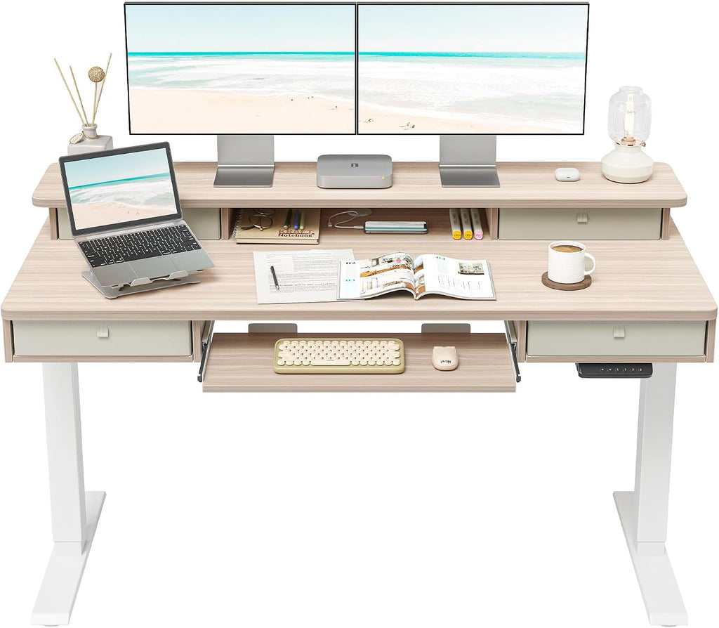 FEZIBO 55'' x 24' Height Adjustable Electric Standing Desk with 4 Drawers and Keyboard Tray, Home Office Table for Work, Study, Gaming, Writing, Light Walnut