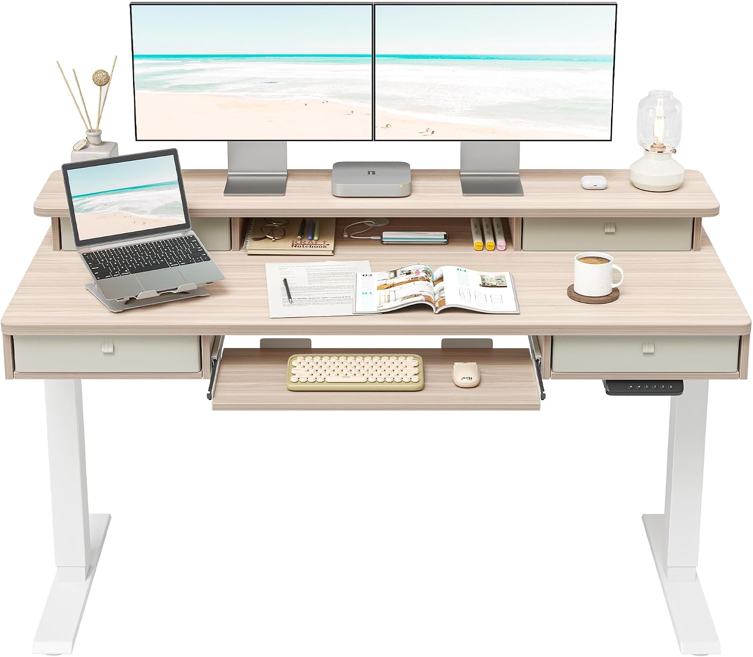 FEZIBO 55'' x 24' Height Adjustable Electric Standing Desk with 4 Drawers and Keyboard Tray, Home Office Table for Work, Study, Gaming, Writing, Light Walnut