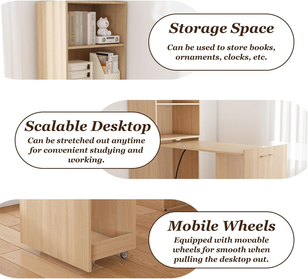 KEIKI Home Office Stretchable Desks with Storage Shelves and Mobile Wheels, Modern Wood Foldable Desk Gaming Computer Corner Table for Apartments Work, Study, Writing, Natural