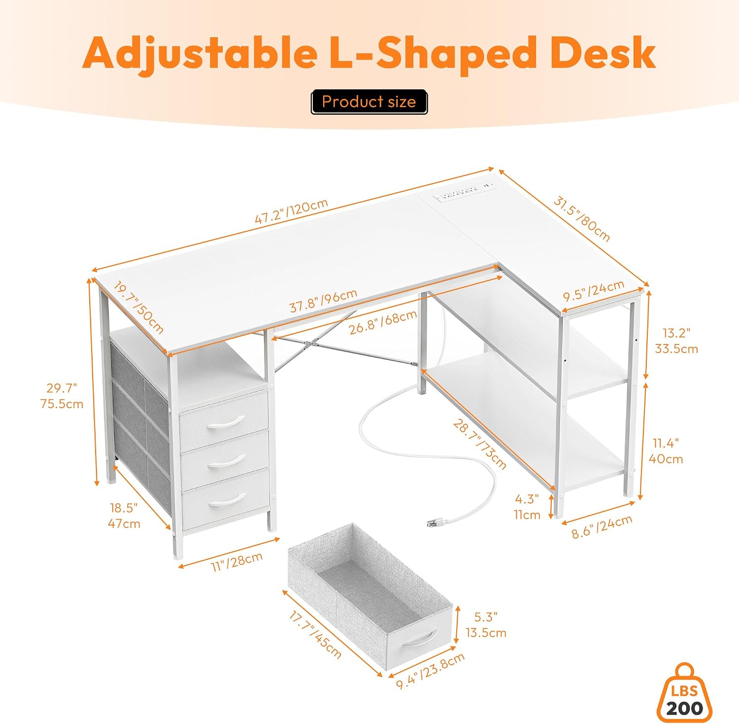 Alpen L Shaped Gaming Desk with Power Outlets, 47 Inch Computer Desk with 3 Drawers and Shelves, Corner Desk for Gaming, Study Writing PC Table with Storage and Reversible Shelf, White